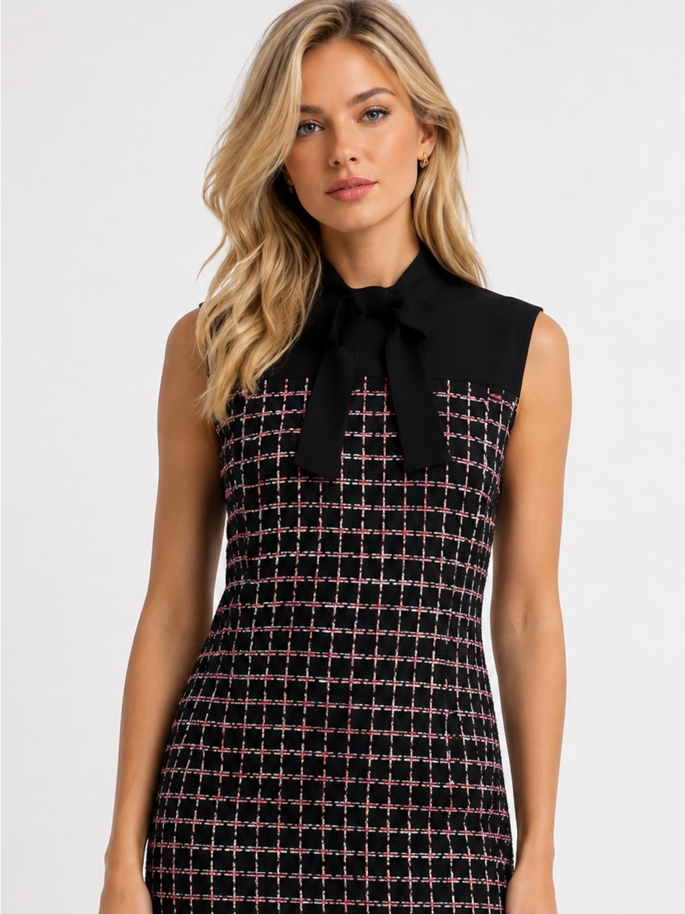St John Women's Bow-Embellished Tweed Mini Dress in Black/haute Red/pearl Multi